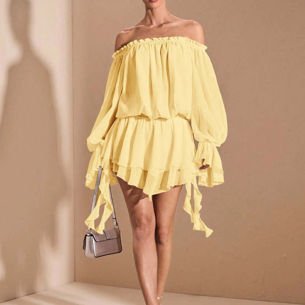 Yellow Boho Women's Elegant French Style Off Shoulder Long Sleeve Shirt Dress - Picture 3 of 9